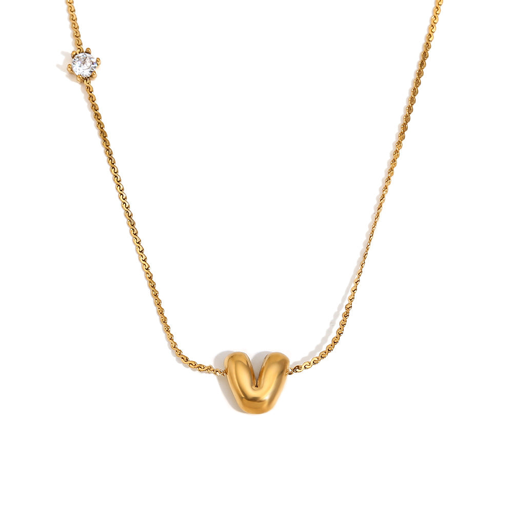Wholesale stainless steel 18K gold plated letter single-sided zircon S chain necklace